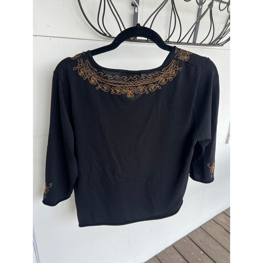 Francesca Rose V-Neck 3/4 Sleeve Blouse, Black w/ Gold Flower Embroidery, L / XL - Picture 7 of 10